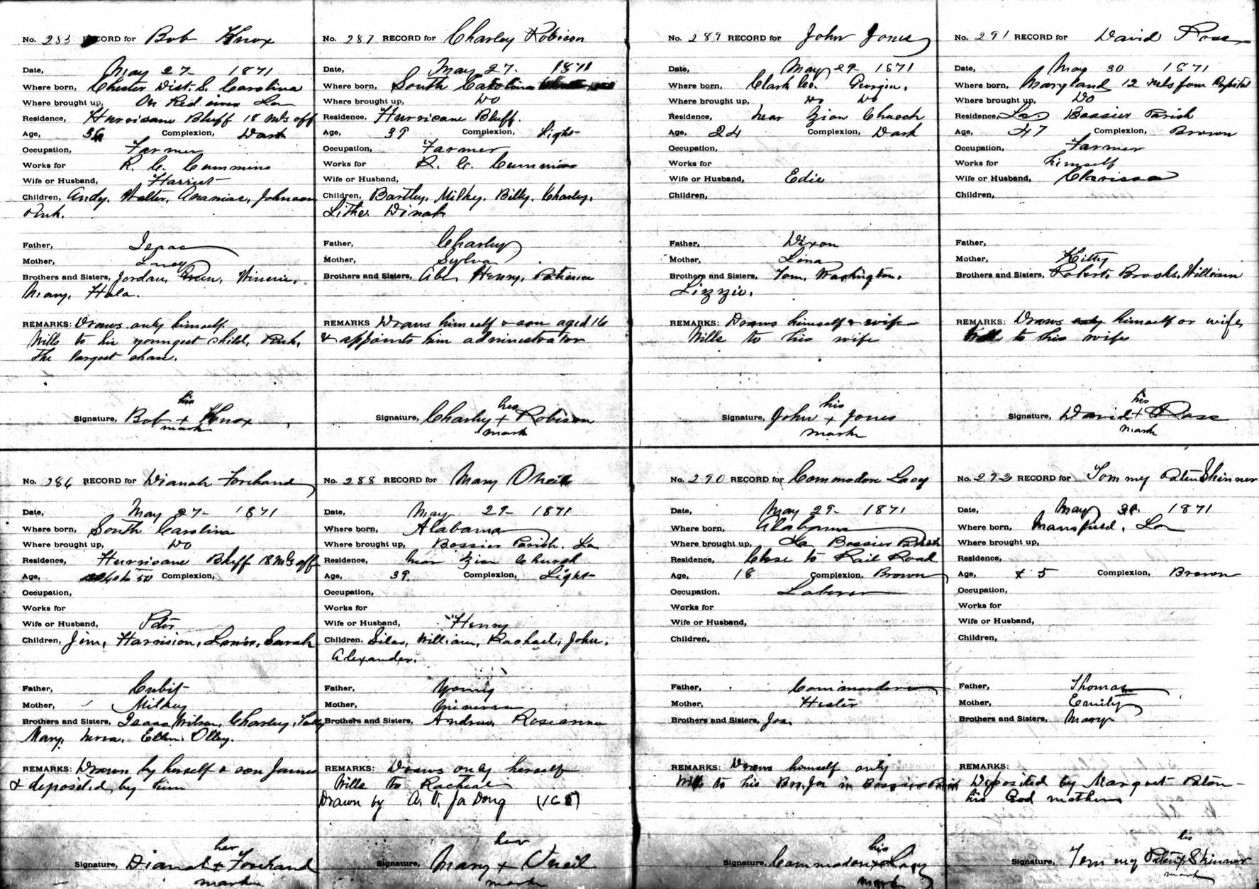 An 1871 Freedman&rsquo;s Savings Bank register spread showing eight depositor entries in ink.