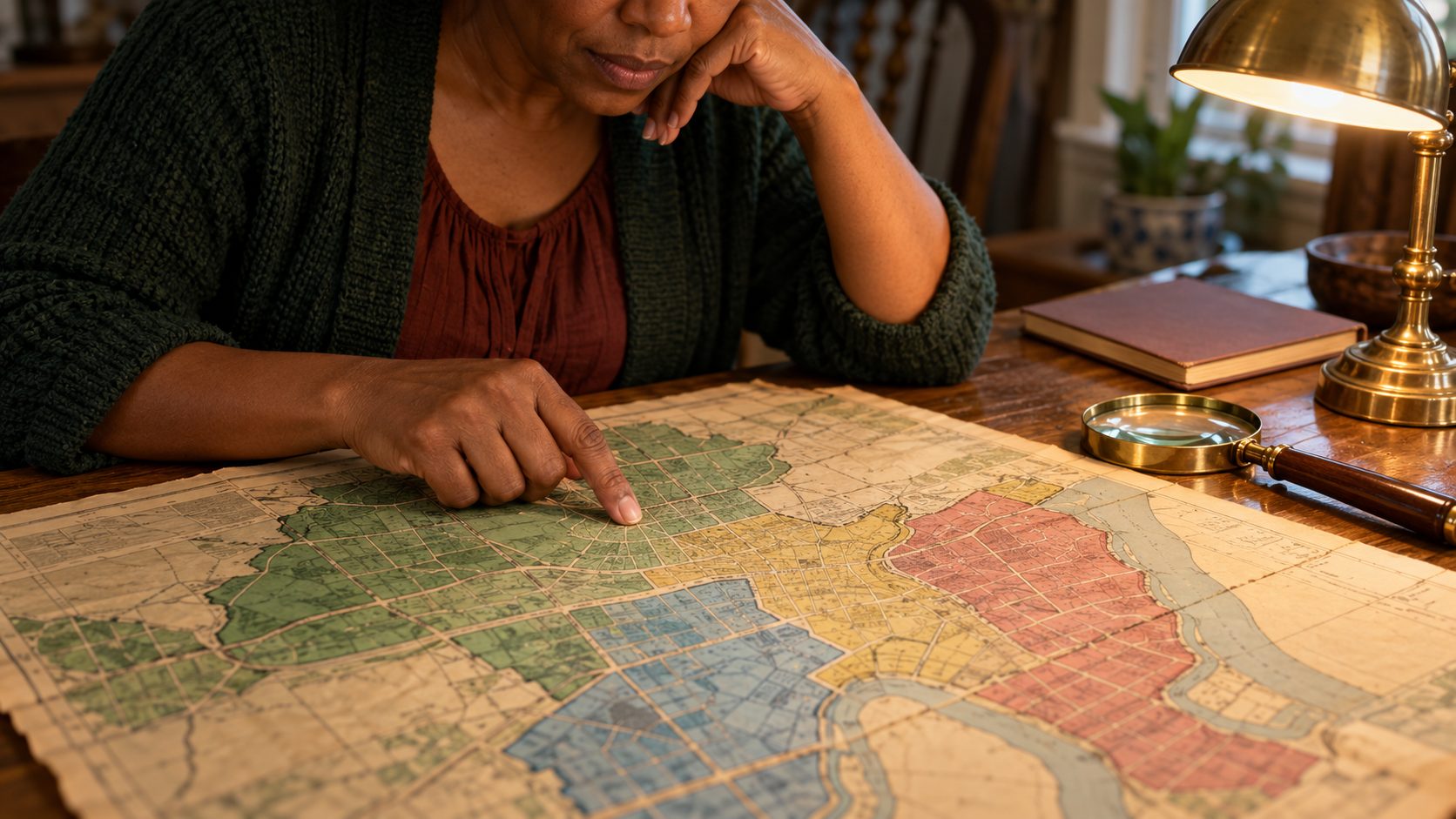 A researcher tracing a neighborhood on a vintage 1930s city map shaded in green, blue, yellow and red zones.