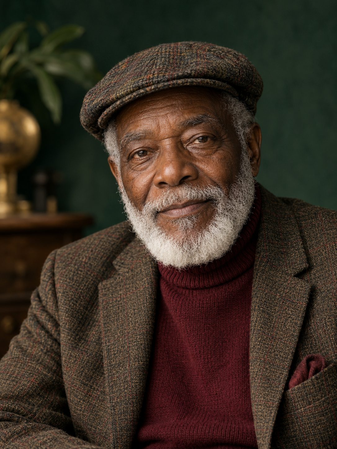 A dignified elder with a white beard and a flat cap, looking into the camera in soft window light.